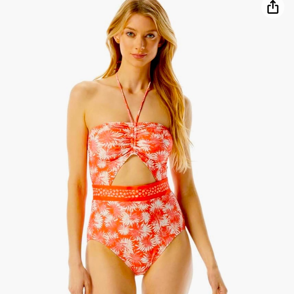 Michael Kors Palm Mix Bandeau Cutout One-Piece Swimsuit 
Sangria